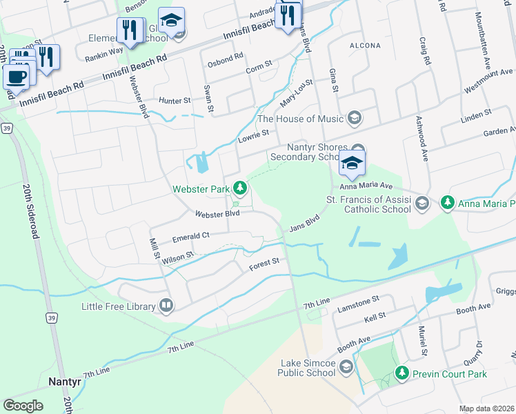 map of restaurants, bars, coffee shops, grocery stores, and more near 1921 Webster Boulevard in Innisfil