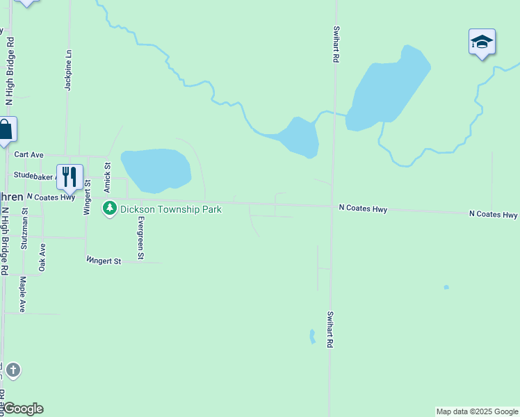 map of restaurants, bars, coffee shops, grocery stores, and more near 14771 North Coates Highway in Brethren