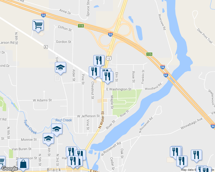 map of restaurants, bars, coffee shops, grocery stores, and more near 605 North Water Street in Black River Falls