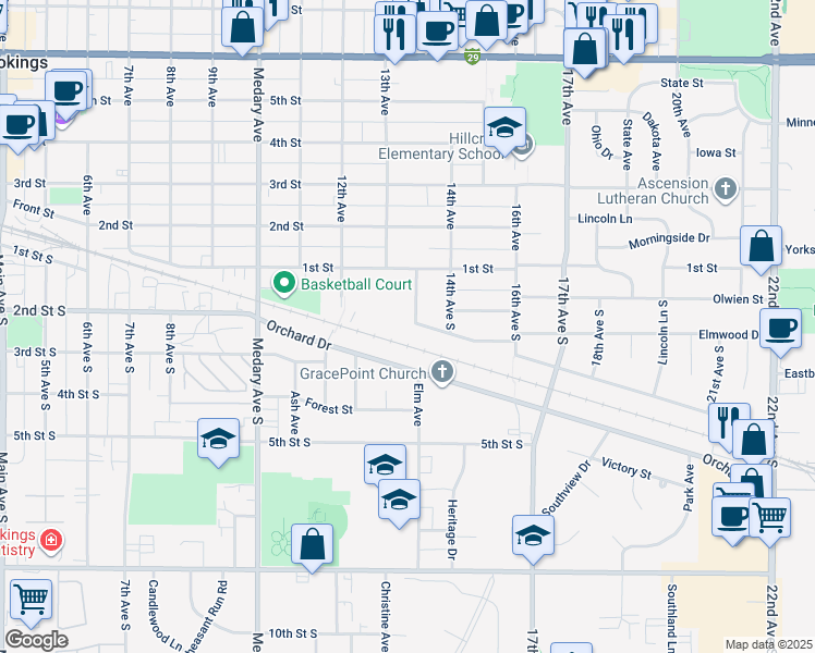 map of restaurants, bars, coffee shops, grocery stores, and more near 208 Gilley Avenue South in Brookings