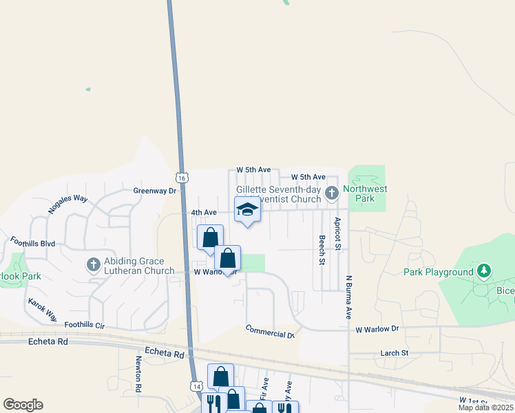 map of restaurants, bars, coffee shops, grocery stores, and more near 901 North Fir Avenue in Gillette