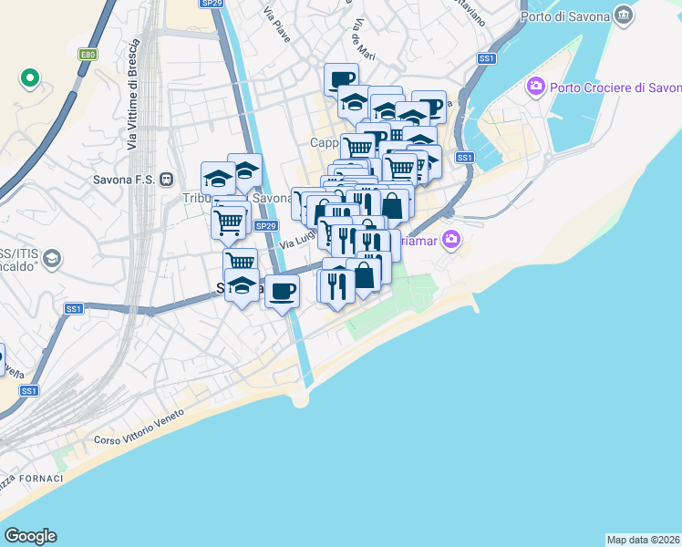 map of restaurants, bars, coffee shops, grocery stores, and more near 106 Via Bartolomeo Guidobono in Savona