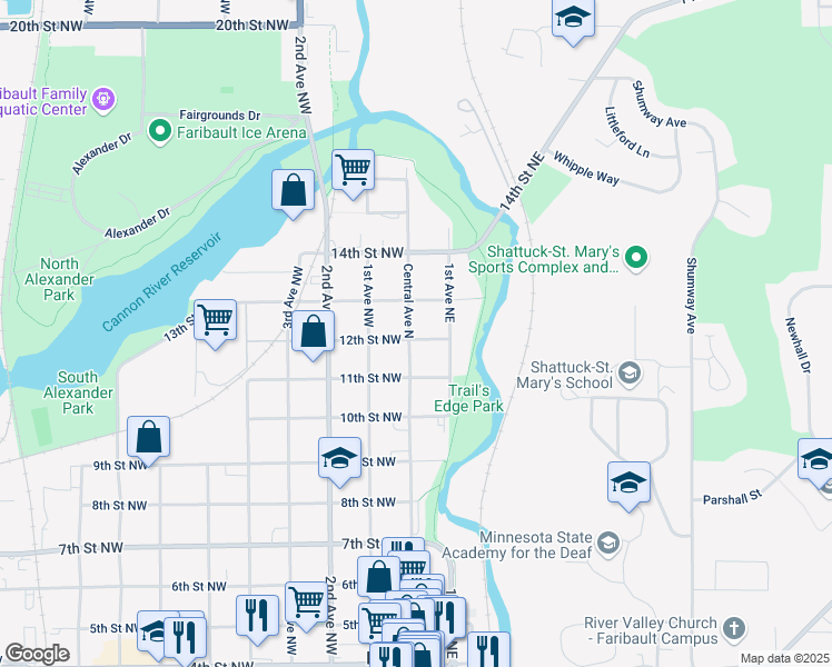 map of restaurants, bars, coffee shops, grocery stores, and more near 1203 Central Avenue North in Faribault