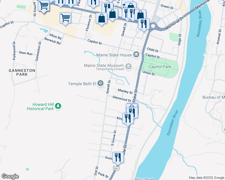 map of restaurants, bars, coffee shops, grocery stores, and more near 18 Manley Street in Augusta
