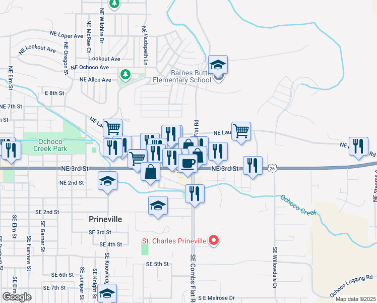 map of restaurants, bars, coffee shops, grocery stores, and more near 1555 Northeast 3rd Street in Prineville