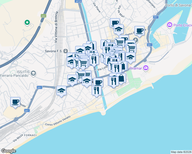 map of restaurants, bars, coffee shops, grocery stores, and more near Corso Mazzini in Savona