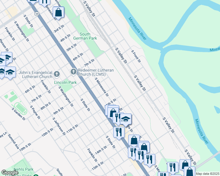 map of restaurants, bars, coffee shops, grocery stores, and more near 408 10th Street South in New Ulm