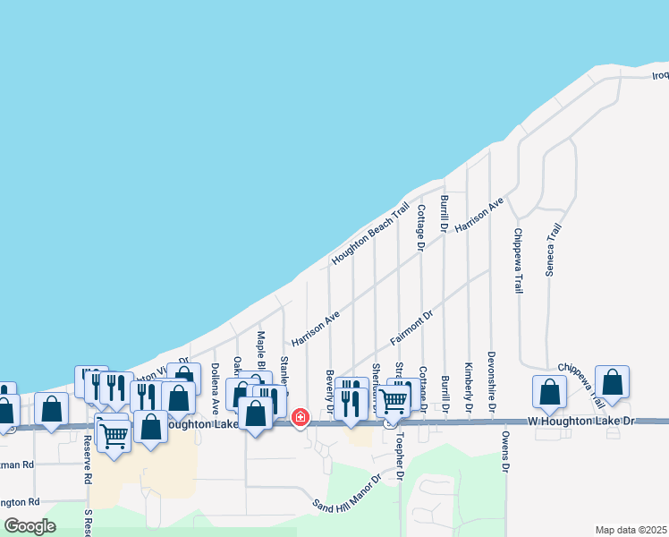 map of restaurants, bars, coffee shops, grocery stores, and more near 322 Beverly Drive in Houghton Lake