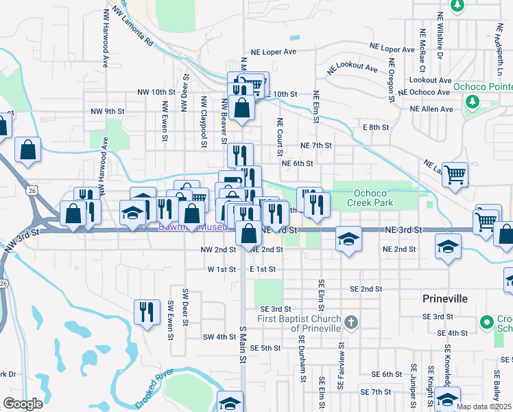 map of restaurants, bars, coffee shops, grocery stores, and more near 185 Northeast 4th Street in Prineville