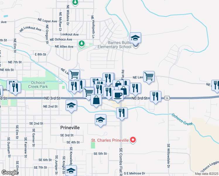 map of restaurants, bars, coffee shops, grocery stores, and more near 1555 Northeast 3rd Street in Prineville