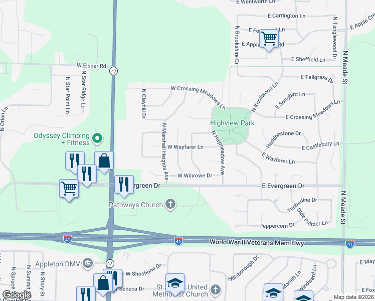 map of restaurants, bars, coffee shops, grocery stores, and more near 303 West Wayfarer Lane in Appleton