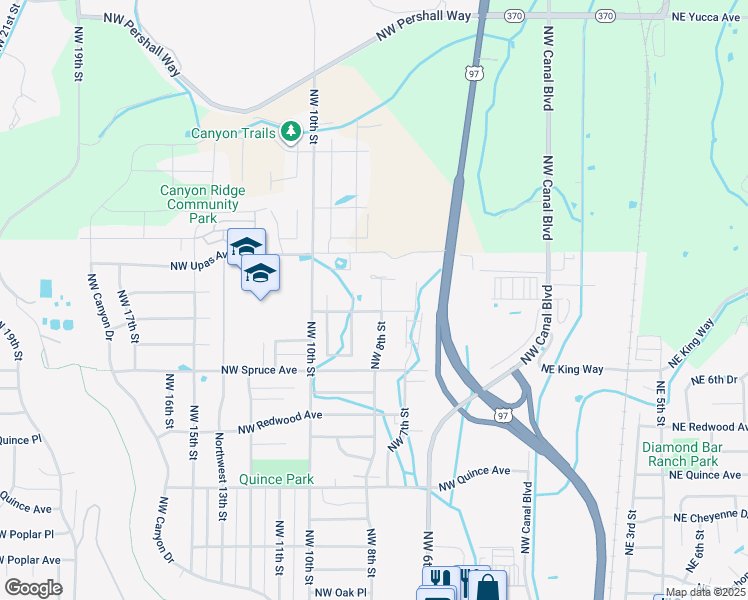 map of restaurants, bars, coffee shops, grocery stores, and more near 3017 Northwest 8th Street in Redmond