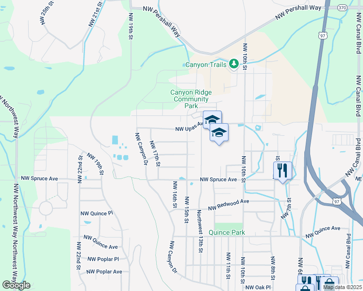 map of restaurants, bars, coffee shops, grocery stores, and more near 1584 Northwest Teakwood Lane in Redmond