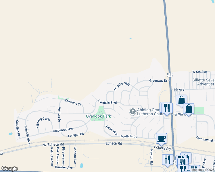 map of restaurants, bars, coffee shops, grocery stores, and more near 3 Hilltop Circle in Gillette