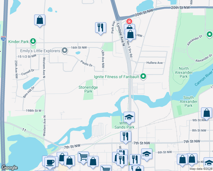 map of restaurants, bars, coffee shops, grocery stores, and more near 1211 18th Avenue Northwest in Faribault