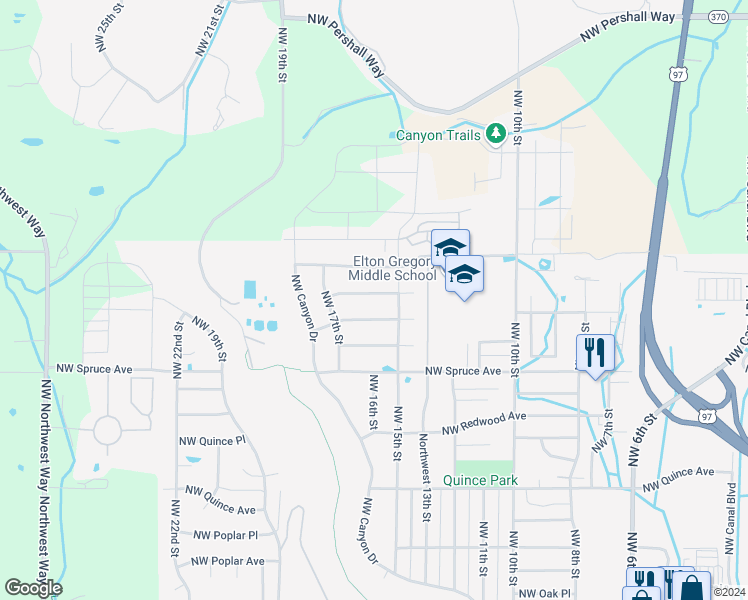 map of restaurants, bars, coffee shops, grocery stores, and more near 1584 Northwest Teakwood Lane in Redmond