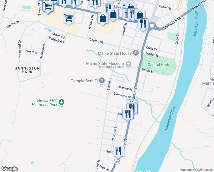 map of restaurants, bars, coffee shops, grocery stores, and more near 148 Sewall Street in Augusta