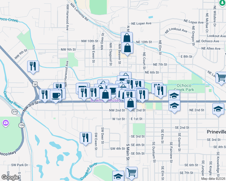 map of restaurants, bars, coffee shops, grocery stores, and more near 291 Northwest 4th Street in Prineville