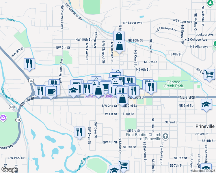 map of restaurants, bars, coffee shops, grocery stores, and more near 265 Northwest 4th Street in Prineville