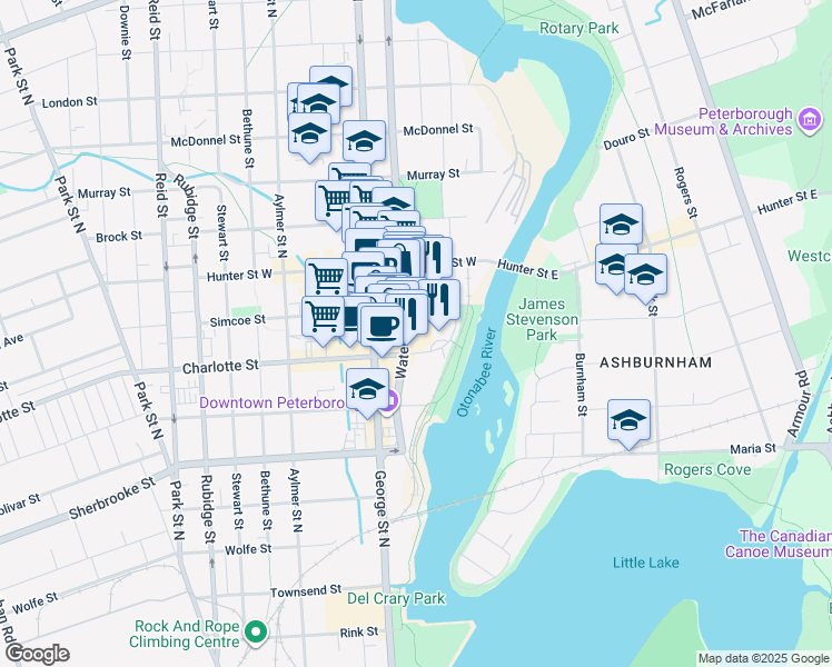 map of restaurants, bars, coffee shops, grocery stores, and more near in Peterborough