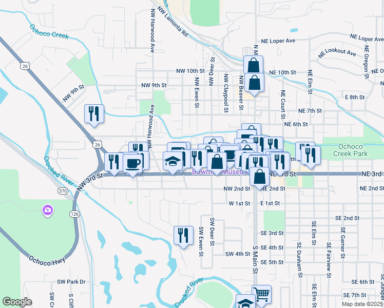 map of restaurants, bars, coffee shops, grocery stores, and more near 505 Northwest 4th Street in Prineville