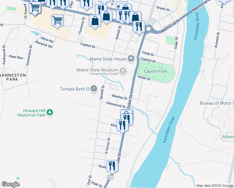 map of restaurants, bars, coffee shops, grocery stores, and more near 5 Manley Street in Augusta