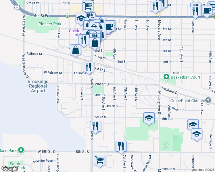 map of restaurants, bars, coffee shops, grocery stores, and more near 508 2nd Street South in Brookings