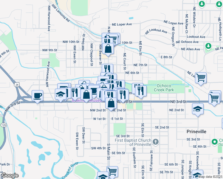 map of restaurants, bars, coffee shops, grocery stores, and more near 185 Northeast 4th Street in Prineville