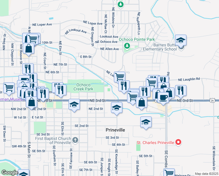 map of restaurants, bars, coffee shops, grocery stores, and more near 480 Northeast Juniper Street in Prineville