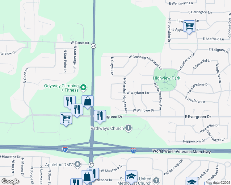 map of restaurants, bars, coffee shops, grocery stores, and more near 513 West Wayfarer Court in Appleton