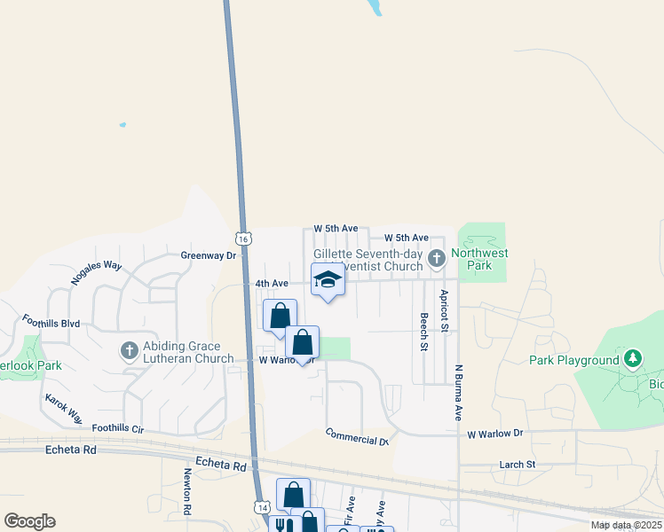 map of restaurants, bars, coffee shops, grocery stores, and more near 901 North Fir Avenue in Gillette