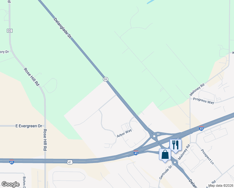 map of restaurants, bars, coffee shops, grocery stores, and more near 929 East Evergreen Drive in Kaukauna