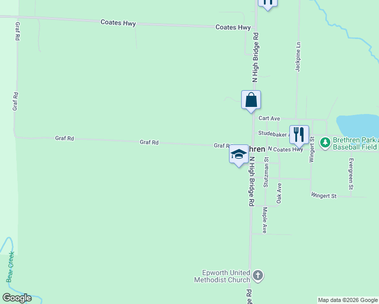 map of restaurants, bars, coffee shops, grocery stores, and more near 13723 Graf Road in Brethren