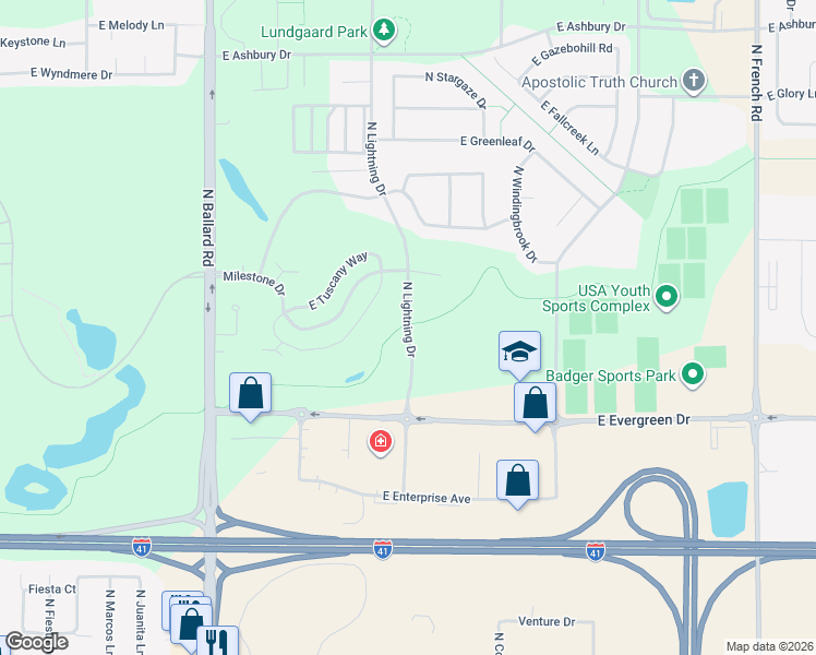 map of restaurants, bars, coffee shops, grocery stores, and more near 4316 North Lightning Drive in Appleton