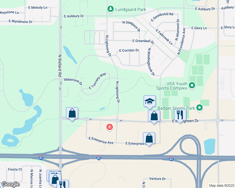 map of restaurants, bars, coffee shops, grocery stores, and more near 4320 North Lightning Drive in Appleton