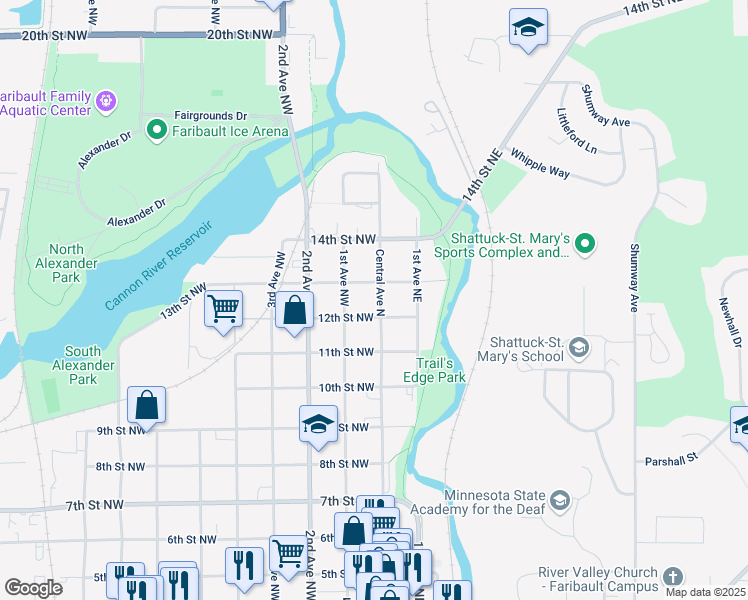 map of restaurants, bars, coffee shops, grocery stores, and more near 1203 Central Avenue North in Faribault