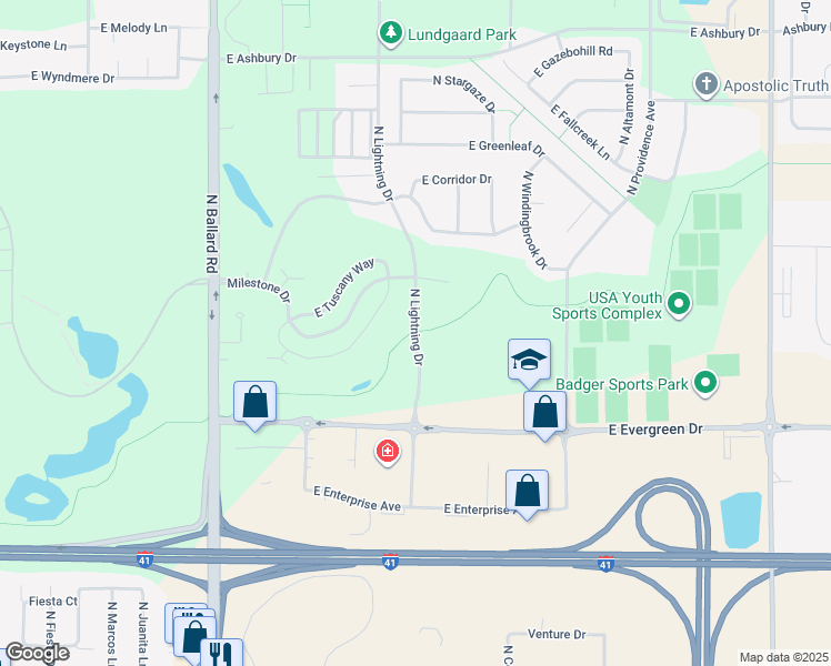 map of restaurants, bars, coffee shops, grocery stores, and more near 4324 North Lightning Drive in Appleton