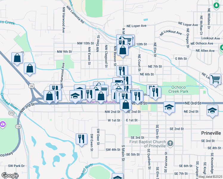 map of restaurants, bars, coffee shops, grocery stores, and more near 265 Northwest 4th Street in Prineville