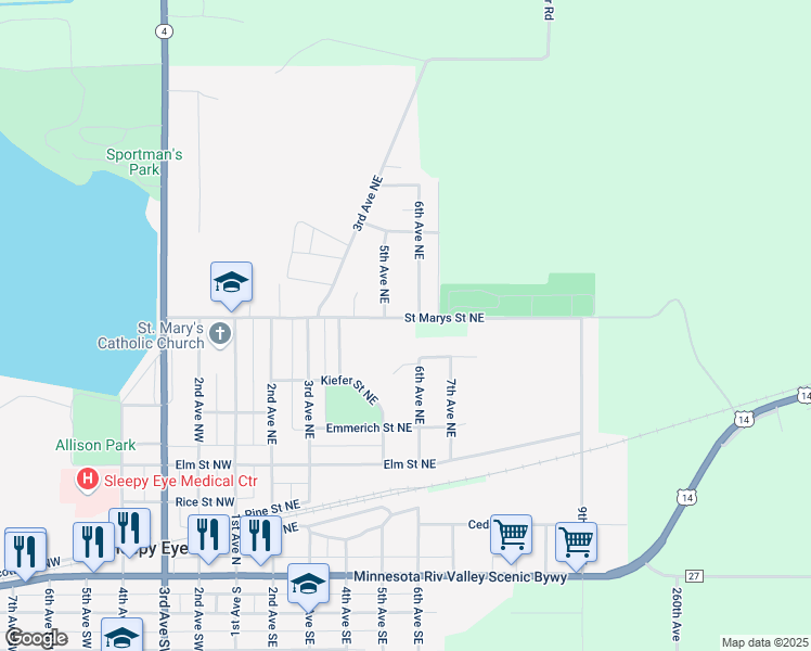 map of restaurants, bars, coffee shops, grocery stores, and more near 507 Saint Marys Street Northeast in Sleepy Eye