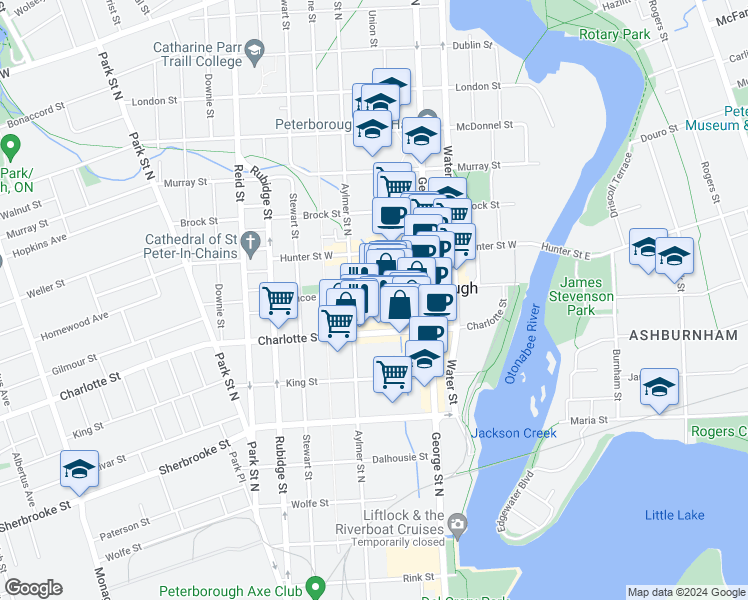 map of restaurants, bars, coffee shops, grocery stores, and more near 209 Simcoe Street in Peterborough