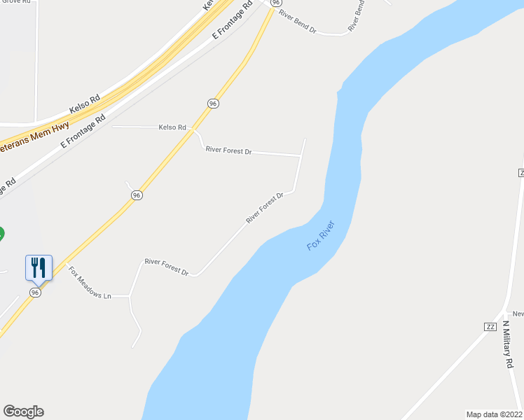 map of restaurants, bars, coffee shops, grocery stores, and more near N1828 River Forest Drive in Kaukauna