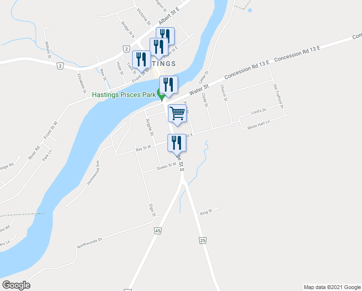 map of restaurants, bars, coffee shops, grocery stores, and more near 74 Bridge Street South in Northumberland County