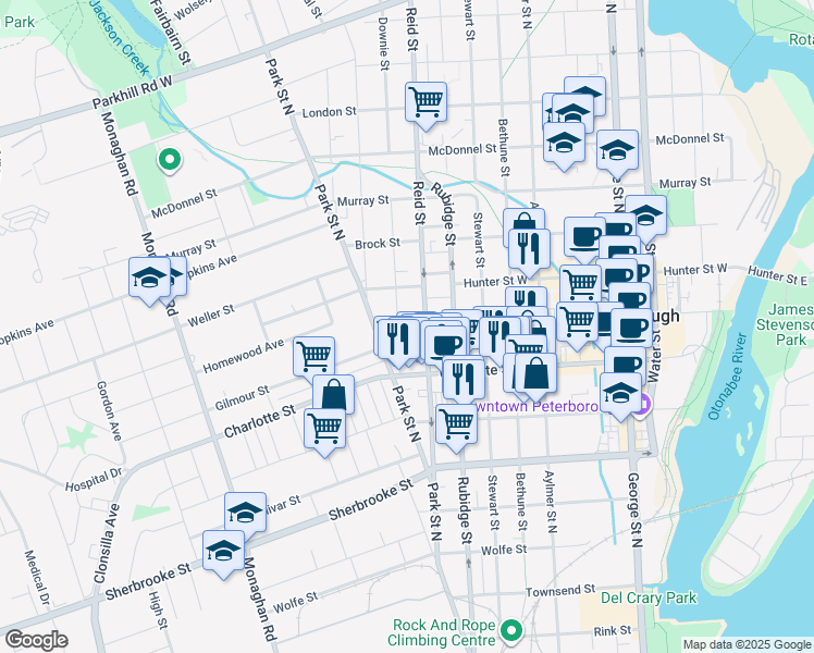 map of restaurants, bars, coffee shops, grocery stores, and more near in Peterborough