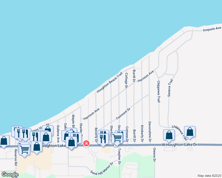 map of restaurants, bars, coffee shops, grocery stores, and more near Houghton Beach Drive in Houghton Lake
