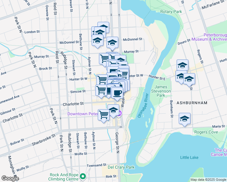 map of restaurants, bars, coffee shops, grocery stores, and more near in Peterborough