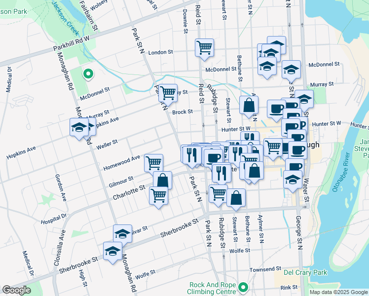 map of restaurants, bars, coffee shops, grocery stores, and more near in Peterborough