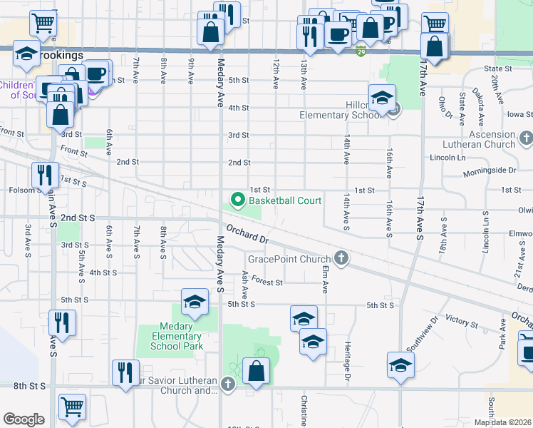 map of restaurants, bars, coffee shops, grocery stores, and more near 1121 Orchard Drive in Brookings