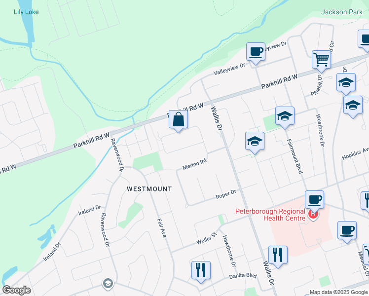map of restaurants, bars, coffee shops, grocery stores, and more near Kingswood Drive in Peterborough