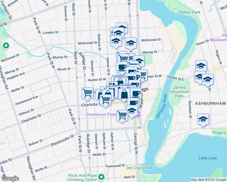 map of restaurants, bars, coffee shops, grocery stores, and more near Simcoe Street in Peterborough