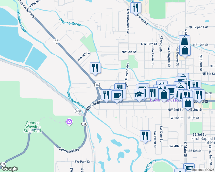 map of restaurants, bars, coffee shops, grocery stores, and more near 440 Northwest Madras Highway in Prineville